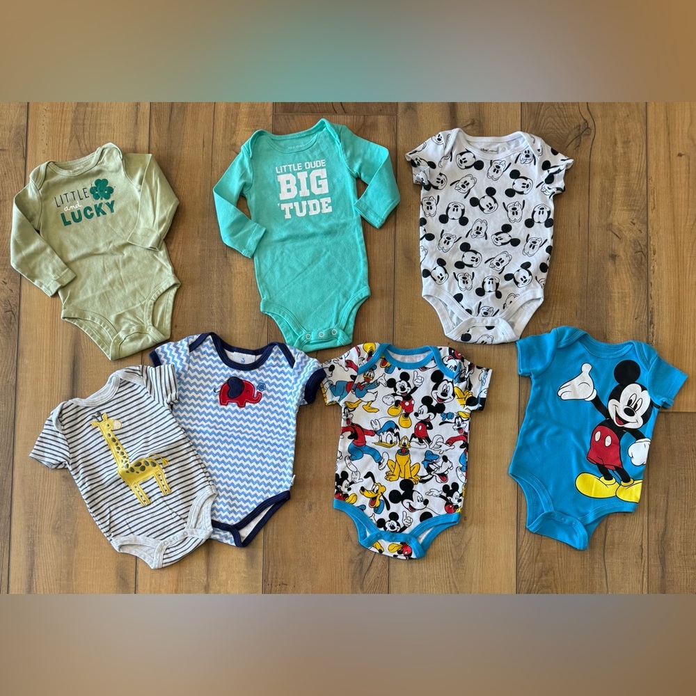 Group of 7 Onsies Disney Bright Blue Mickey Mouse Graphic Baby One-Piece
